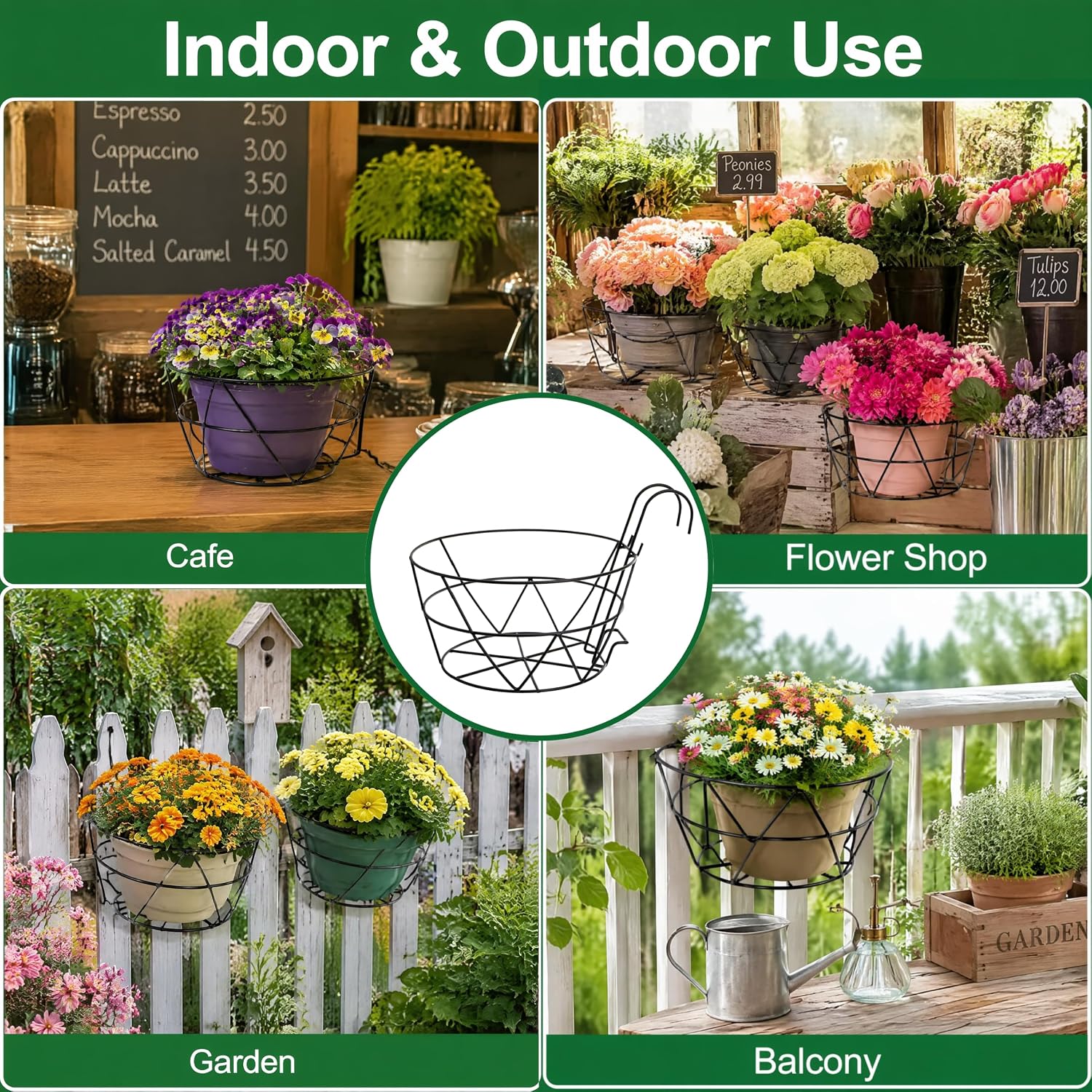 Pumtus 3 Pack Railing Planter Holders, 10'' Round Iron Hanging Fence Pot Basket, Over The Rail Indoor Outdoor Plant