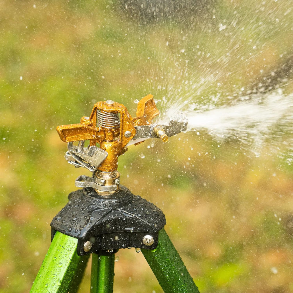 Hourleey Impact Sprinkler on Tripod Base, Heavy Duty Brass Sprinklers for Yard Lawn Garden, 0-360 Degree Large Area