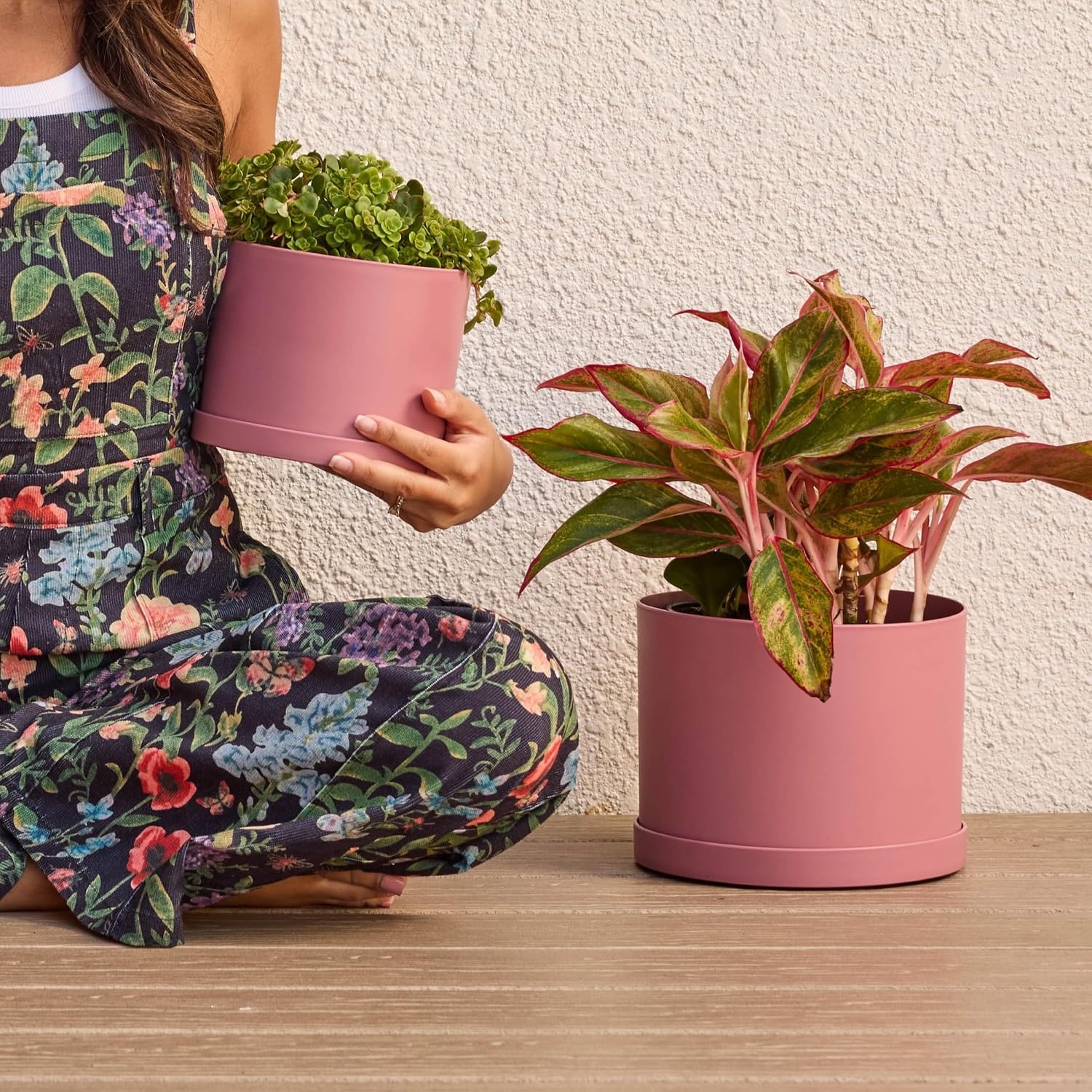 Bloem Mathers 8" Plastic Planter - Modern Indoor Pot with Drainage Hole and Saucer Tray, Dusty Rose