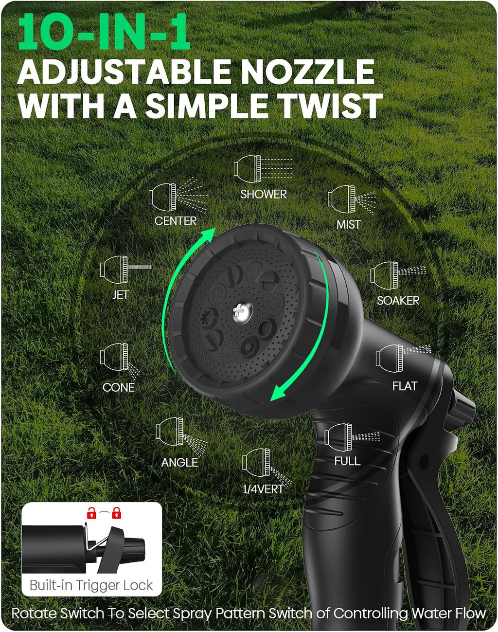 BlueGarden Metal Garden Hose 50 ft with 10 Function Nozzle,No Kinking,Flexible,Heavy Duty & Lightweight Water