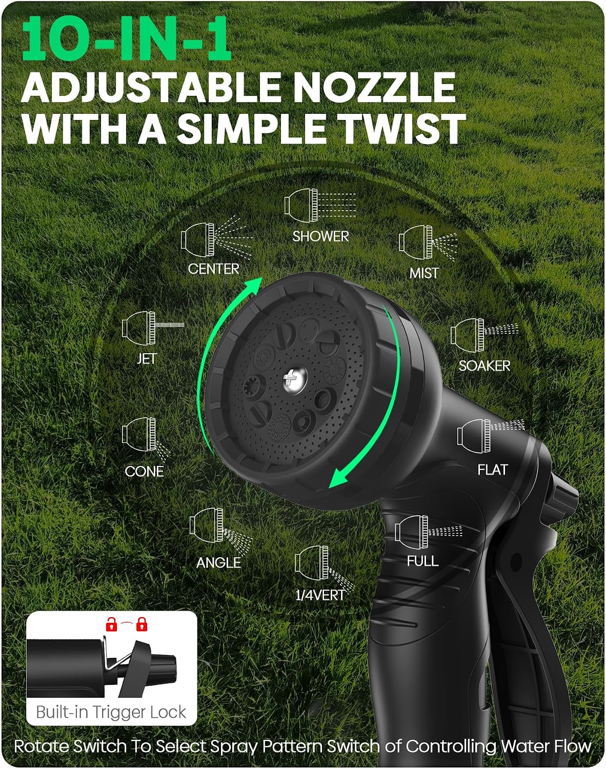 BlueGarden Metal Garden Hose 50 ft with 10 Function Nozzle,No Kinking,Flexible,Heavy Duty & Lightweight Water