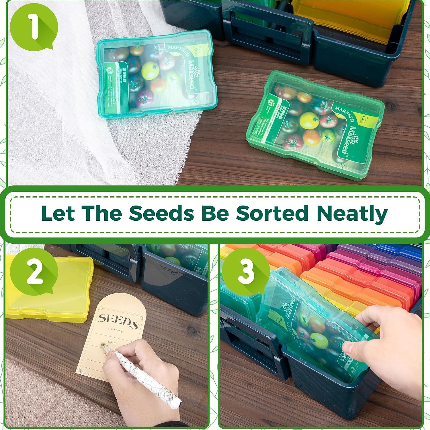 Dark Green Seed Packets Storage Organizer For Gargen Planting，16pcs 4×6 inch Colorful Seed Boxes With 16 pcs seed bags