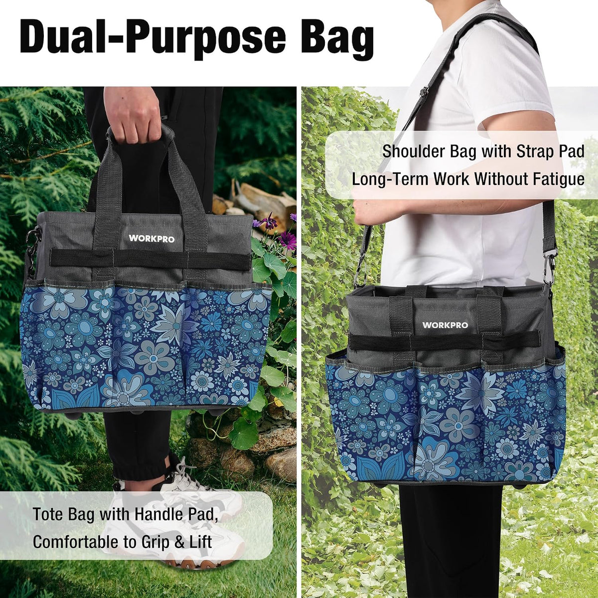 WORKPRO Garden Tool Bag, 10 Pockets and Shoulder Strap, Floral Blue | Heavy Duty Gardening Organizer Tote Bag Standable