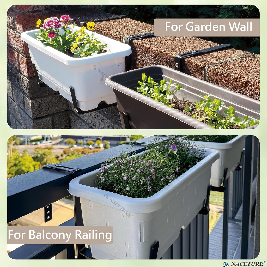 2 Pack Adjustable Window Box Brackets for Railing, Measure Before Ordering | Fits wall or railing widths 0–1.46"