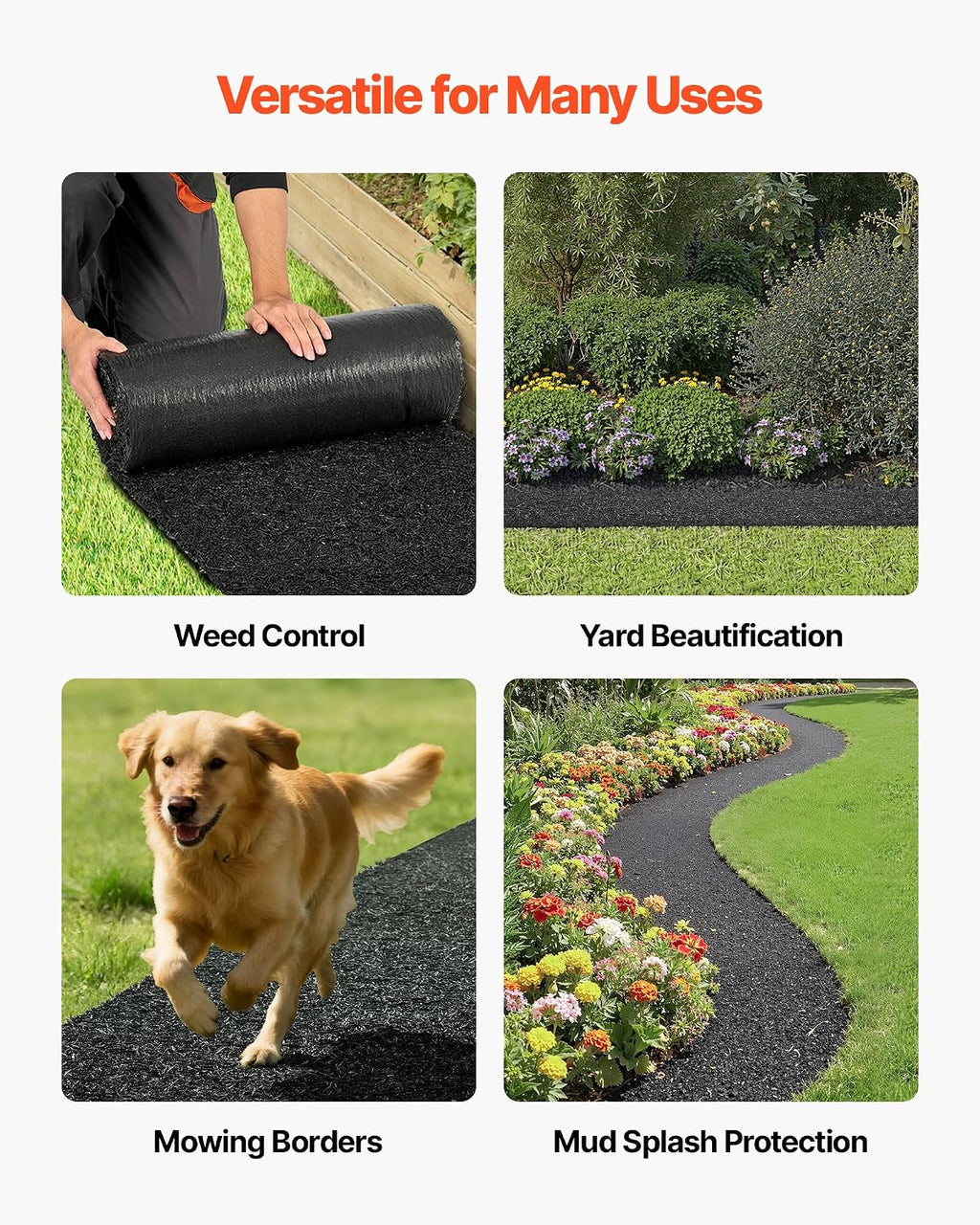 VEVOR Rubber Mulch Mat Roll, 96 x 22 in Recycled Rubber Mulch Mat, 0.5 Thick Cuttable, Reduced Weed Growth