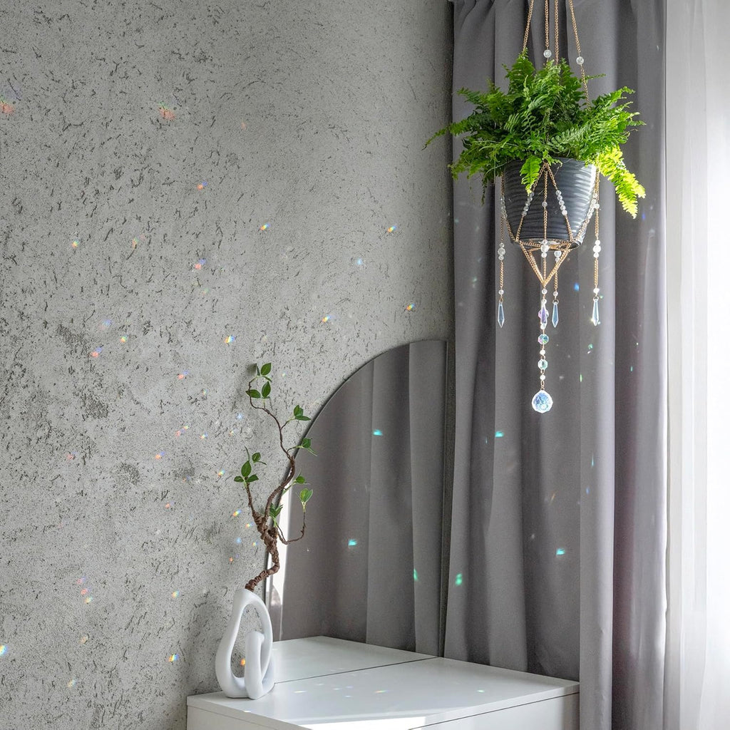 Sun Catcher Plant Hanger with Beads and Glass Crystal Ball Suncatcher. | Large Beaded Plant Hanger. Plant Accessories