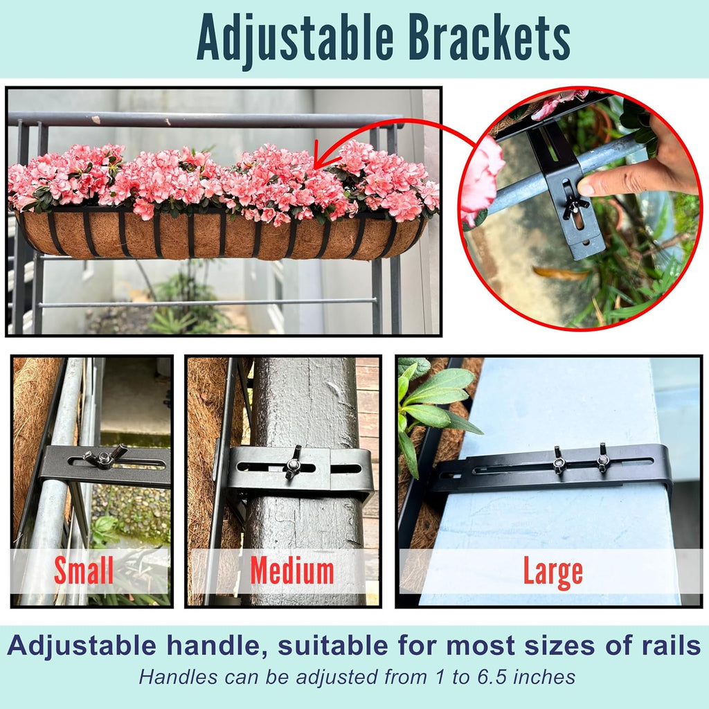 LaLaGreen Railing Planter Box (24 Inch, 2 Pack) Black Metal Rectangular Hanging Planters with Coco Liner, Flower Boxes