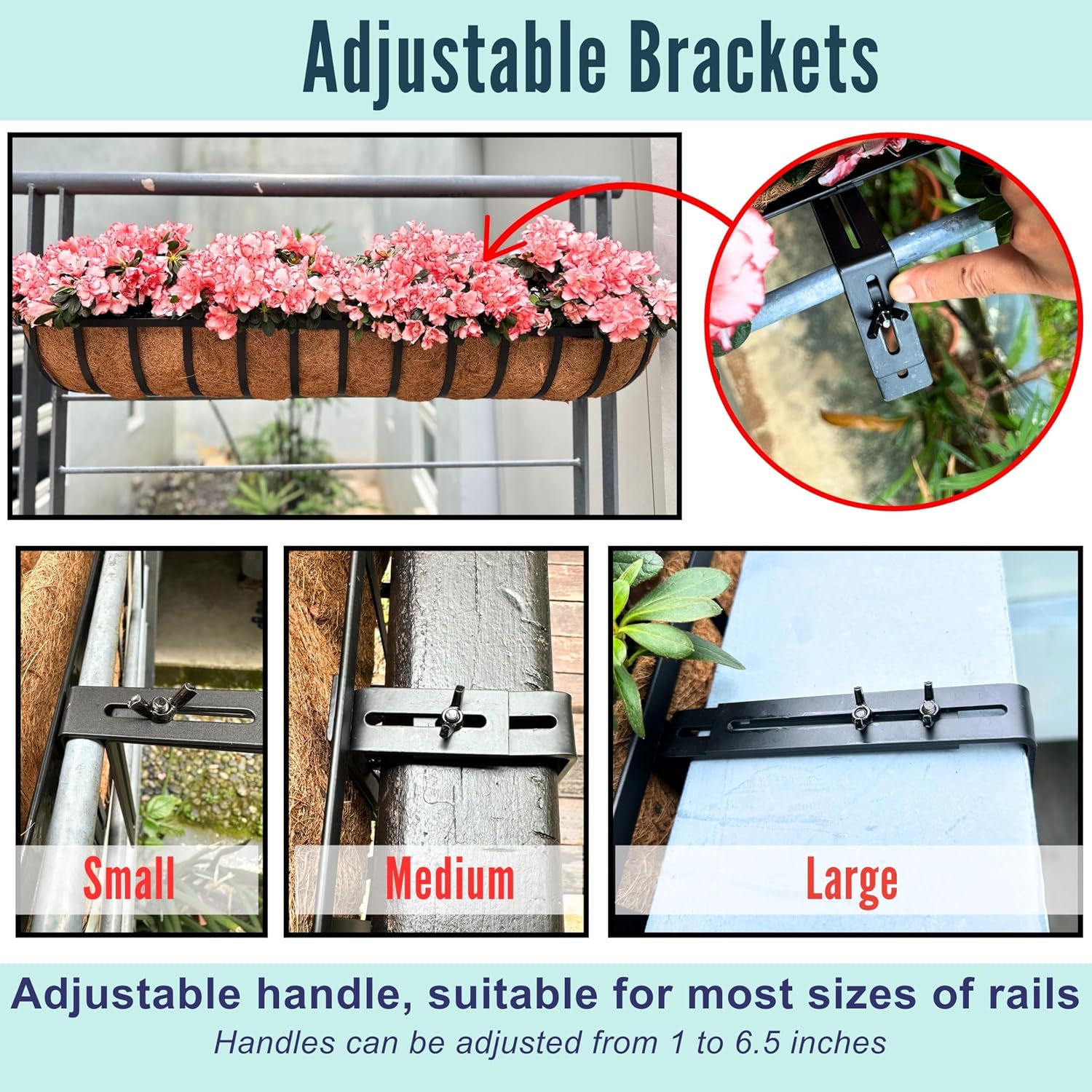 LaLaGreen Railing Planter Box (24 Inch, 2 Pack) Black Metal Rectangular Hanging Planters with Coco Liner, Flower Boxes