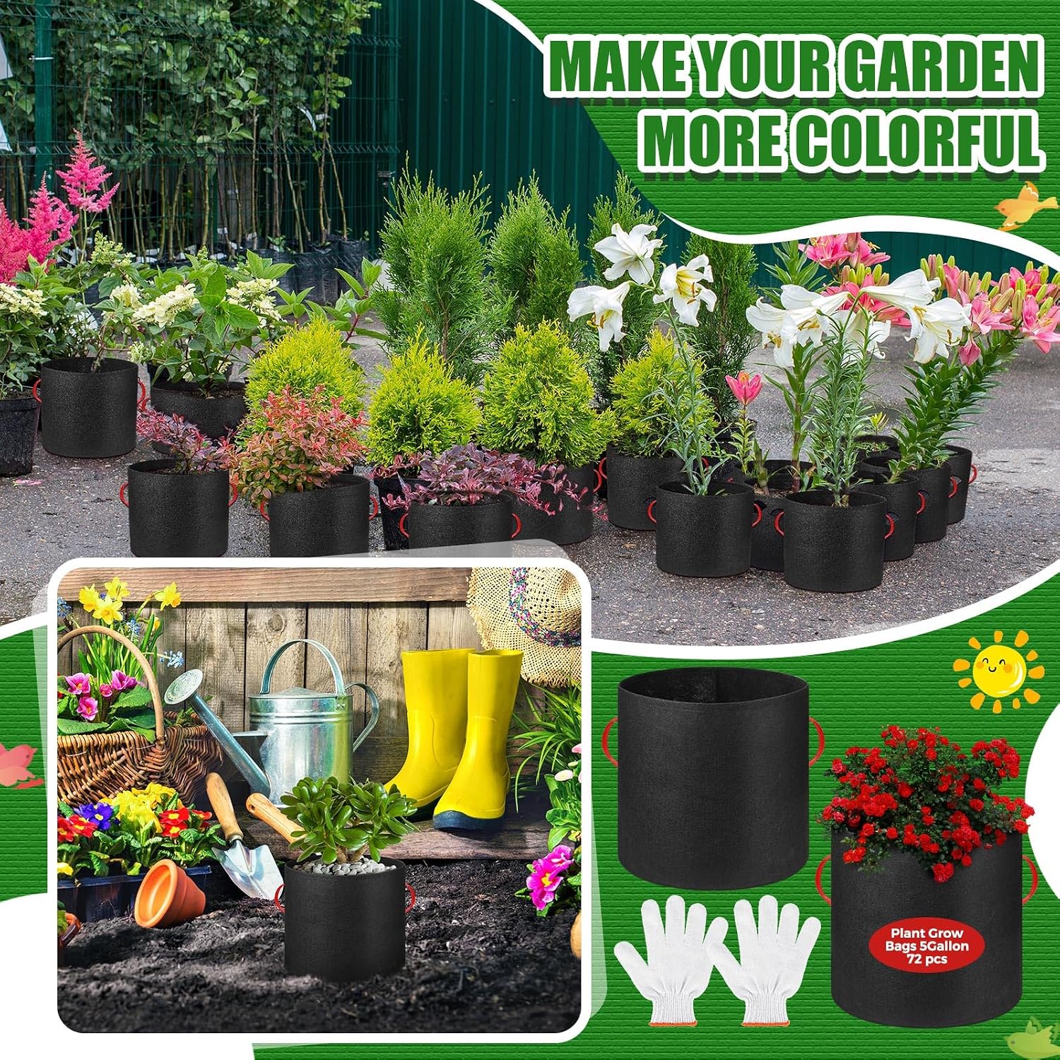 72 Pack 5 Gallon Plant Grow Bags Fabric Pots Bulk Aeration Heavy Duty Nonwoven Fabric Plant Pots with Handles Thick