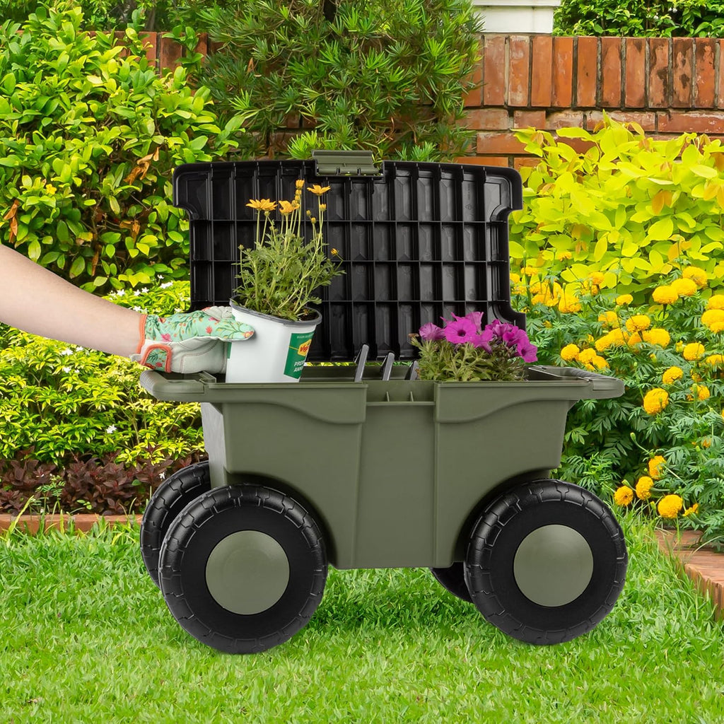 Pure Garden Rolling Garden Cart with Seat, Green | Plastic Garden Bench with Interior Tool Tray for Storage - Gardening
