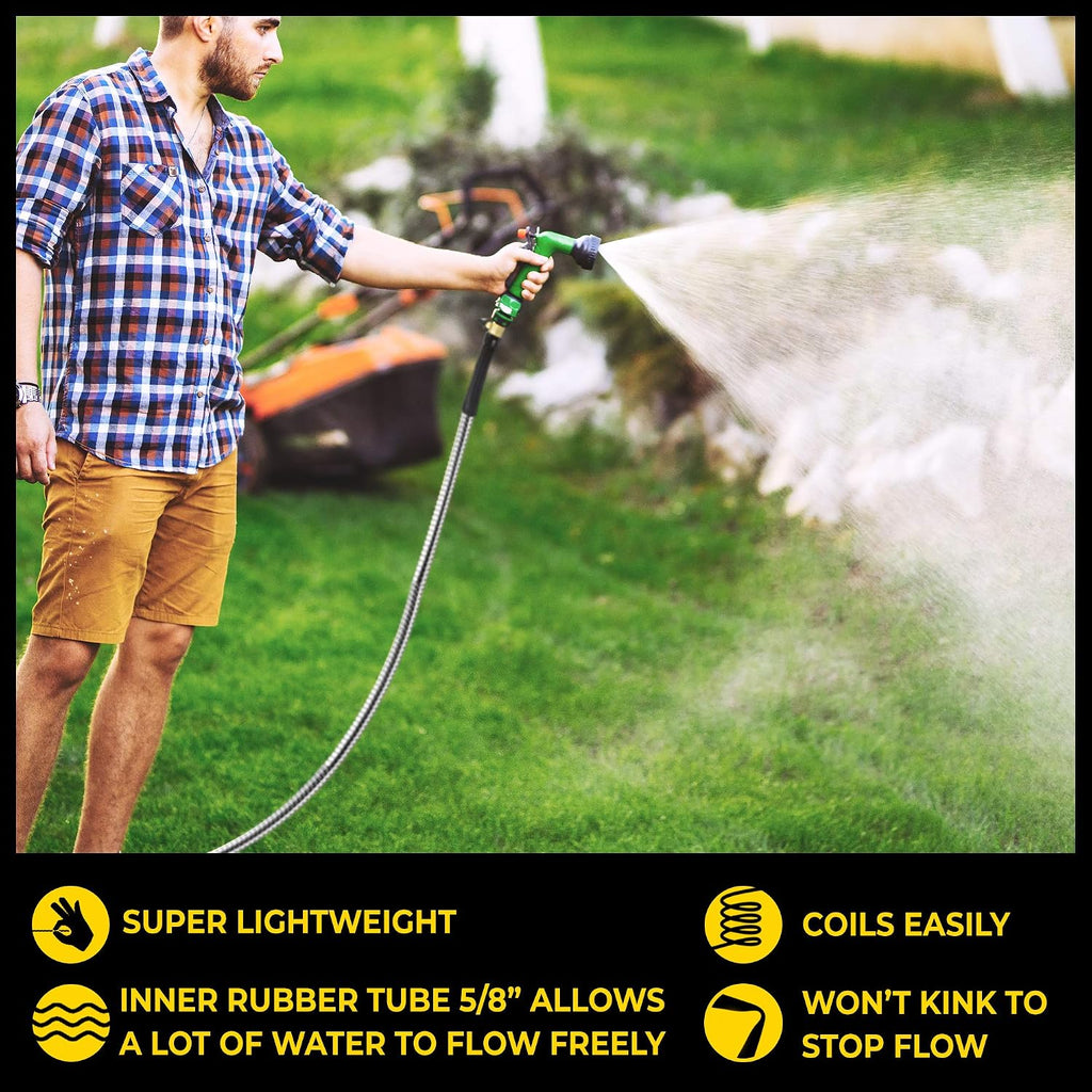 Bionic Steel PRO 100 Ft Garden Hose with Nozzle, Premium 304 Stainless Steel Metal Water Hose 100Ft Flexible Hose, Rust