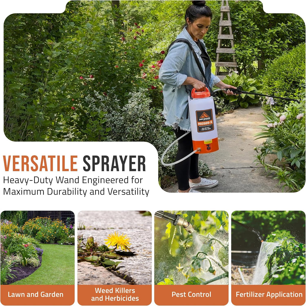 PetraTools HD2000-S 2 Gallon Battery Powered Garden Sprayer, 2 Hour Runtime | Weed Sprayer w/ 4 Ft Hose, Extendable