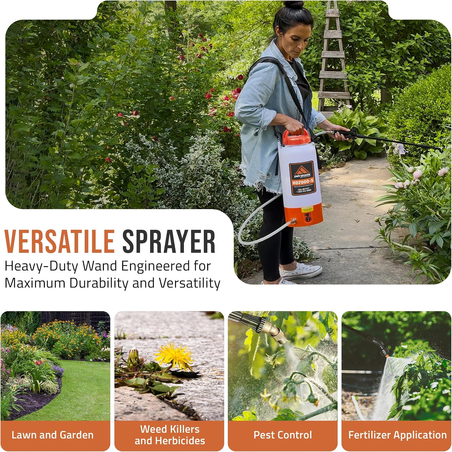 PetraTools HD2000-S 2 Gallon Battery Powered Garden Sprayer, 2 Hour Runtime | Weed Sprayer w/ 4 Ft Hose, Extendable
