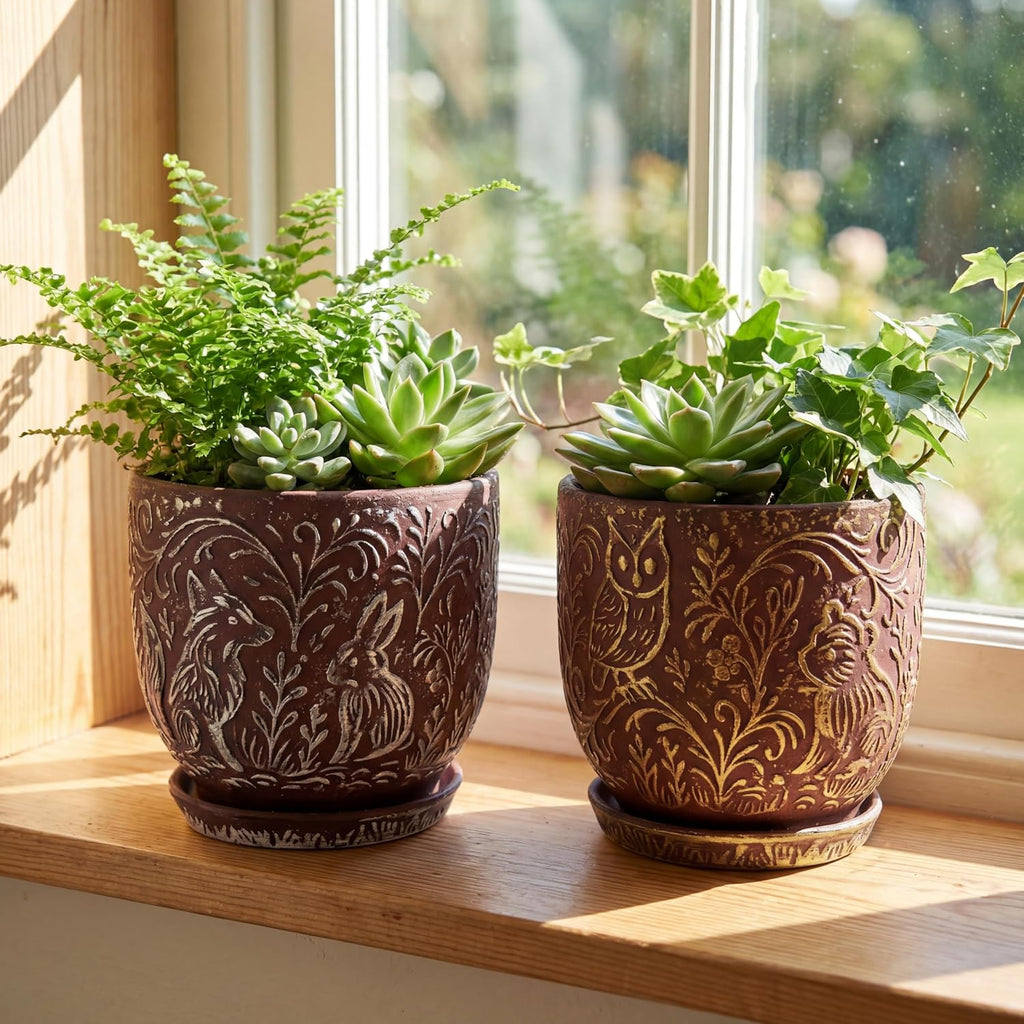 Decorative Ceramic Planter Pot with Saucer, Brown with Gold and Silver Owl Pattern, Indoor Garden Container with