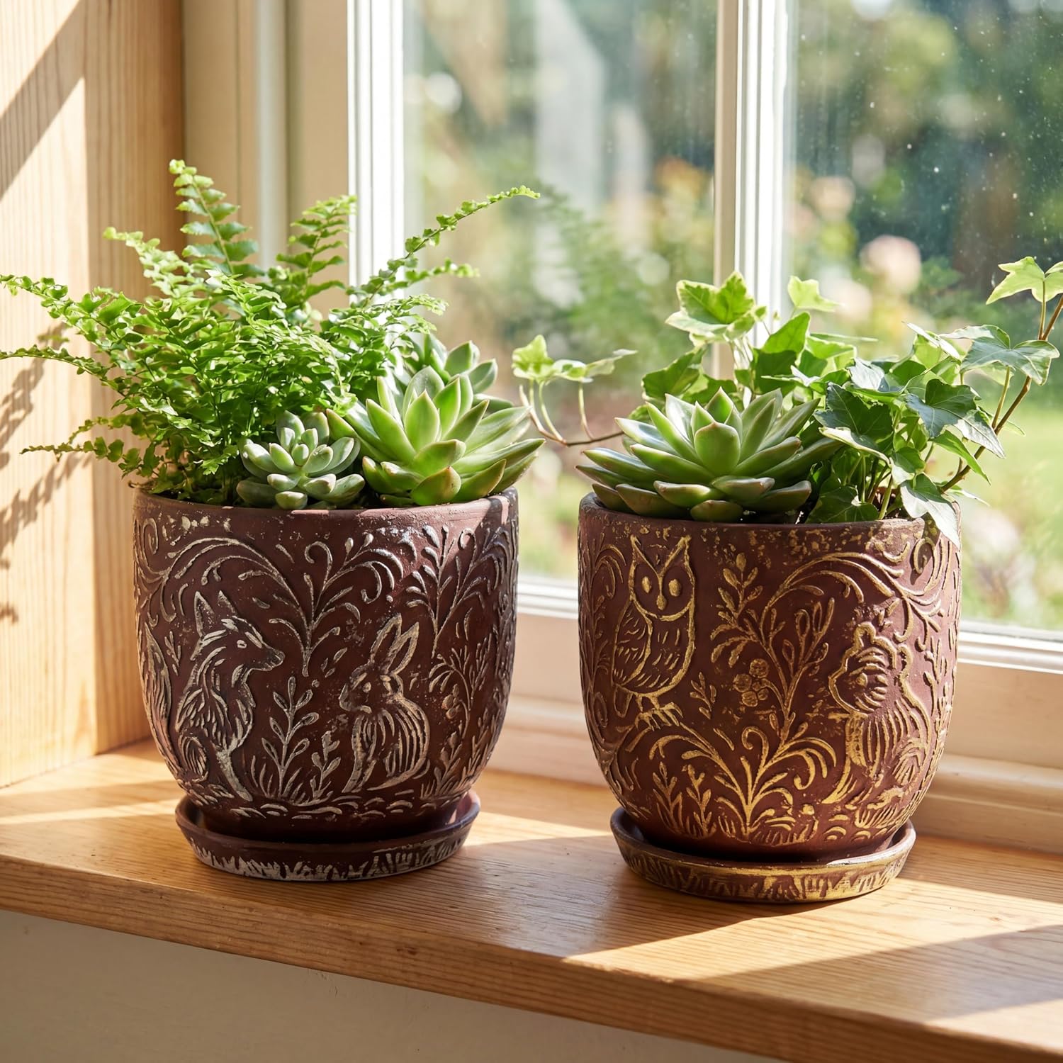 Decorative Ceramic Planter Pot with Saucer, Brown with Gold and Silver Owl Pattern, Indoor Garden Container with