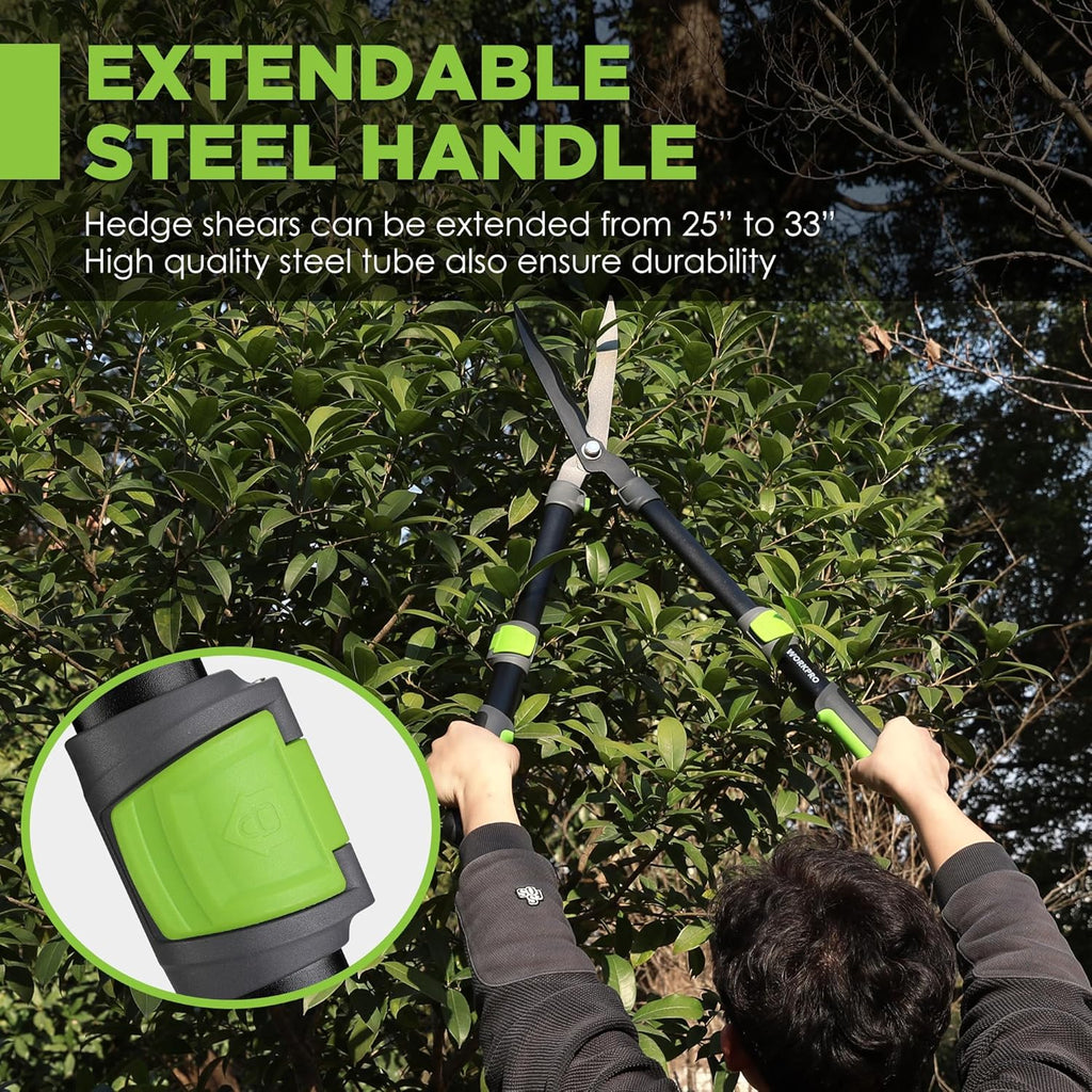WORKPRO Extendable Hedge Shear, 25"-33" Manual Hedge Clipper/Bush Cutter | Gardening Shears, Steel Wavy Blade, Shock