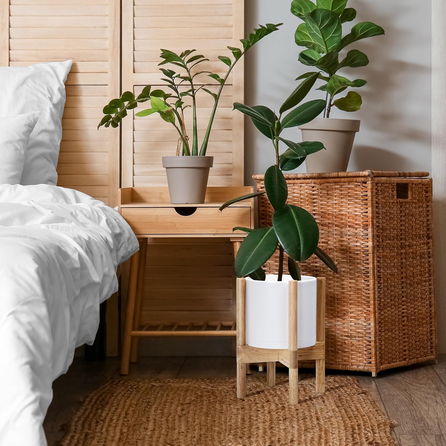 D'vine Dev Plastic Pot with Natural Wood Stand, White, 8 in, 55-C-J-1 | Mid-Century Inspired Design, Elevated Plant