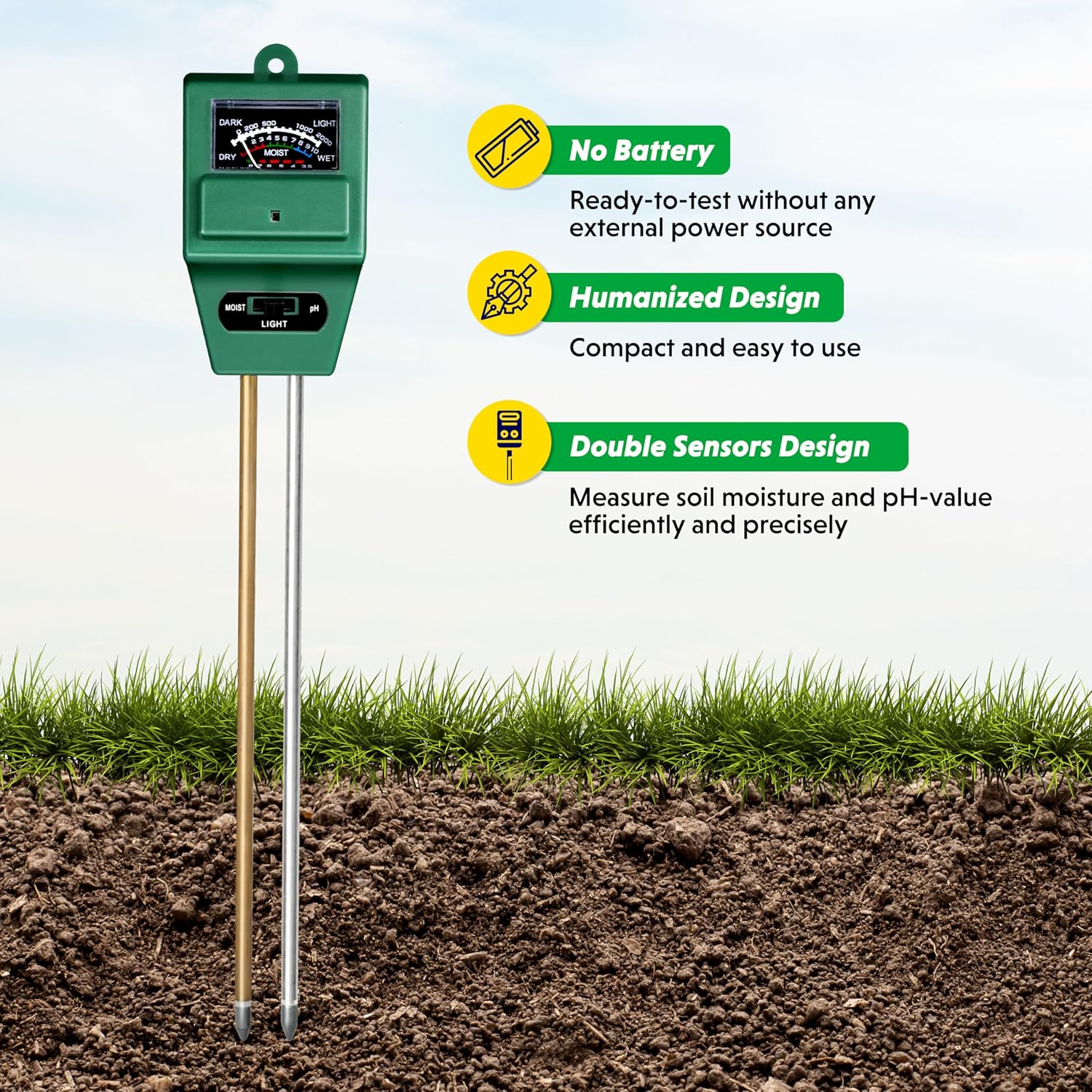 iPower 3-in-1 Plant Moisture/Light/PH Meter, Soil Test Kit for Gardening, Farming, Indoor & Outdoor Use