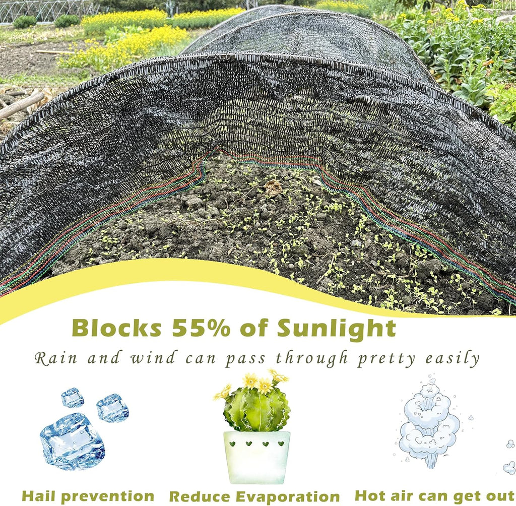 55% Shade Cloth for Garden, Black Shade Net 8X20 FT | Sunblock Mesh UV Resistant Net for Vegetables Flowers Greenhouse