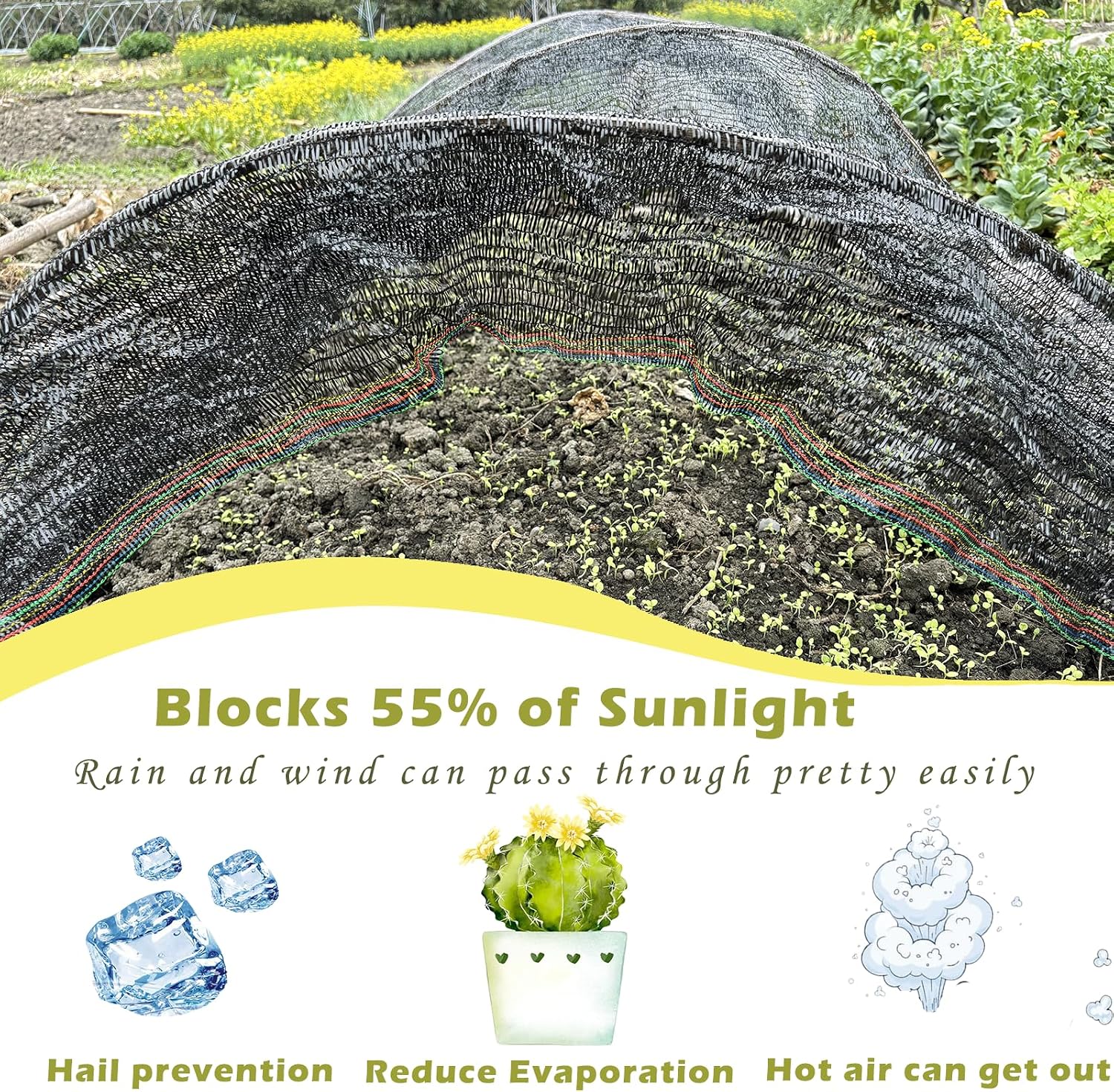 55% Shade Cloth for Garden, Black Shade Net 8X20 FT | Sunblock Mesh UV Resistant Net for Vegetables Flowers Greenhouse