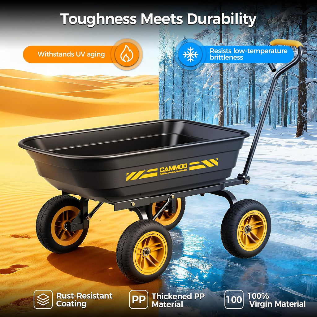 CAMMOO 10 Inch No-Flat Tires 600 lb Garden Dump Cart Wheelbarrow | Quick-Release Dump Bed and 4 Cu.Ft. Tub Move Mulch