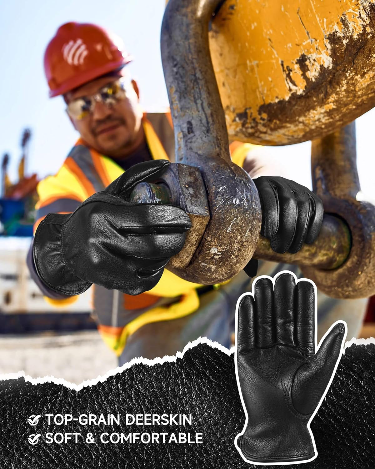 OZERO Leather Garden Gloves: Soft Breathable Deerskin Gloves (Black, L) | for Driving, Motorcycle, Horse Riding