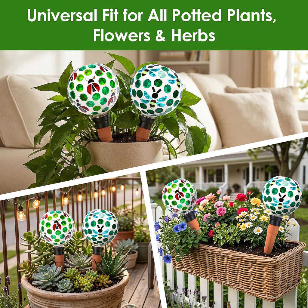 Plant Watering Globes Mosaic Self Watering Spikes 2 Pack | Indoor Outdoor Plants Automatic Terracotta Plant Waterer