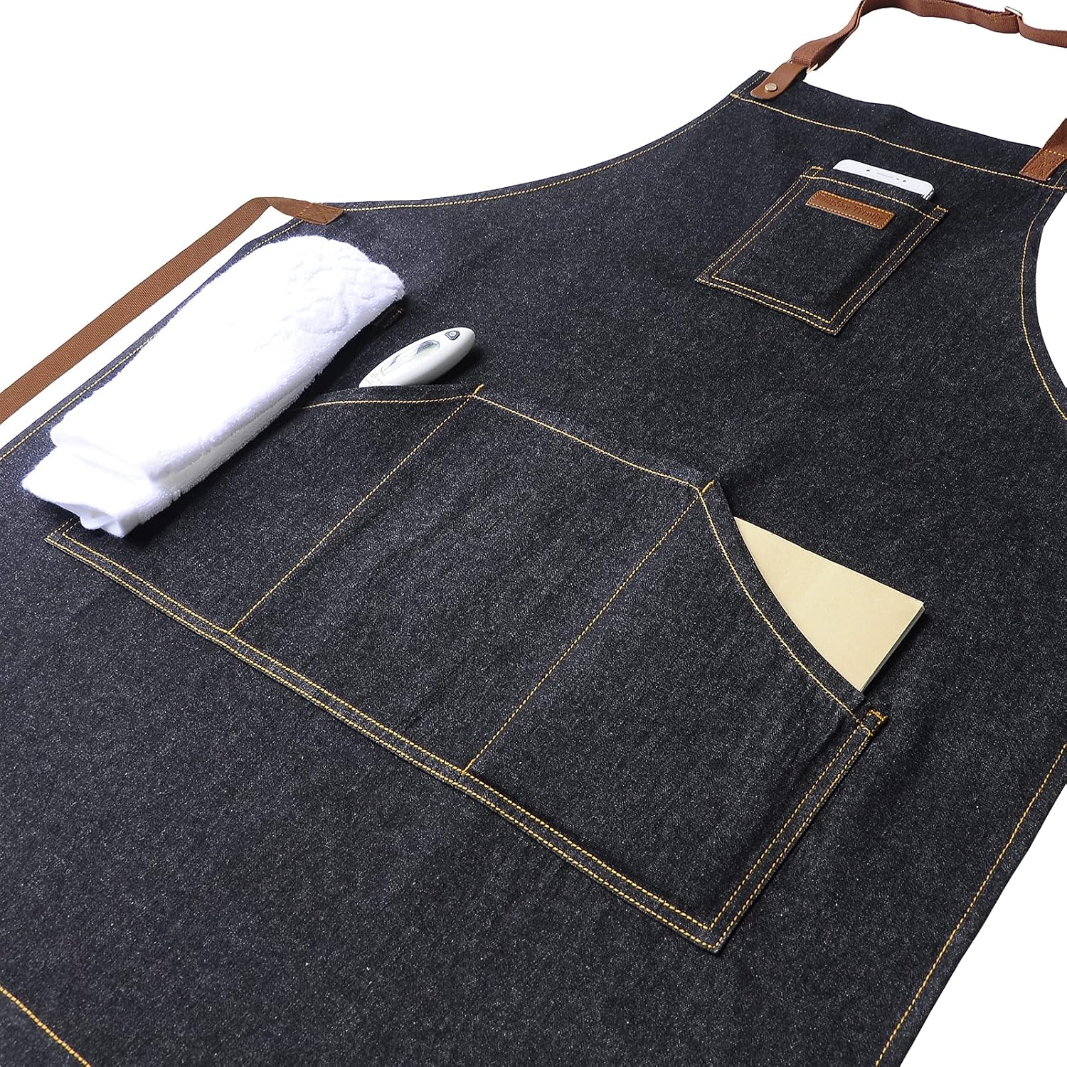 Black Kitchen Apron with Pockets & Towel Loop for Men Women, Denim | Professional for Chef Cooking BBQ Grill Gardening