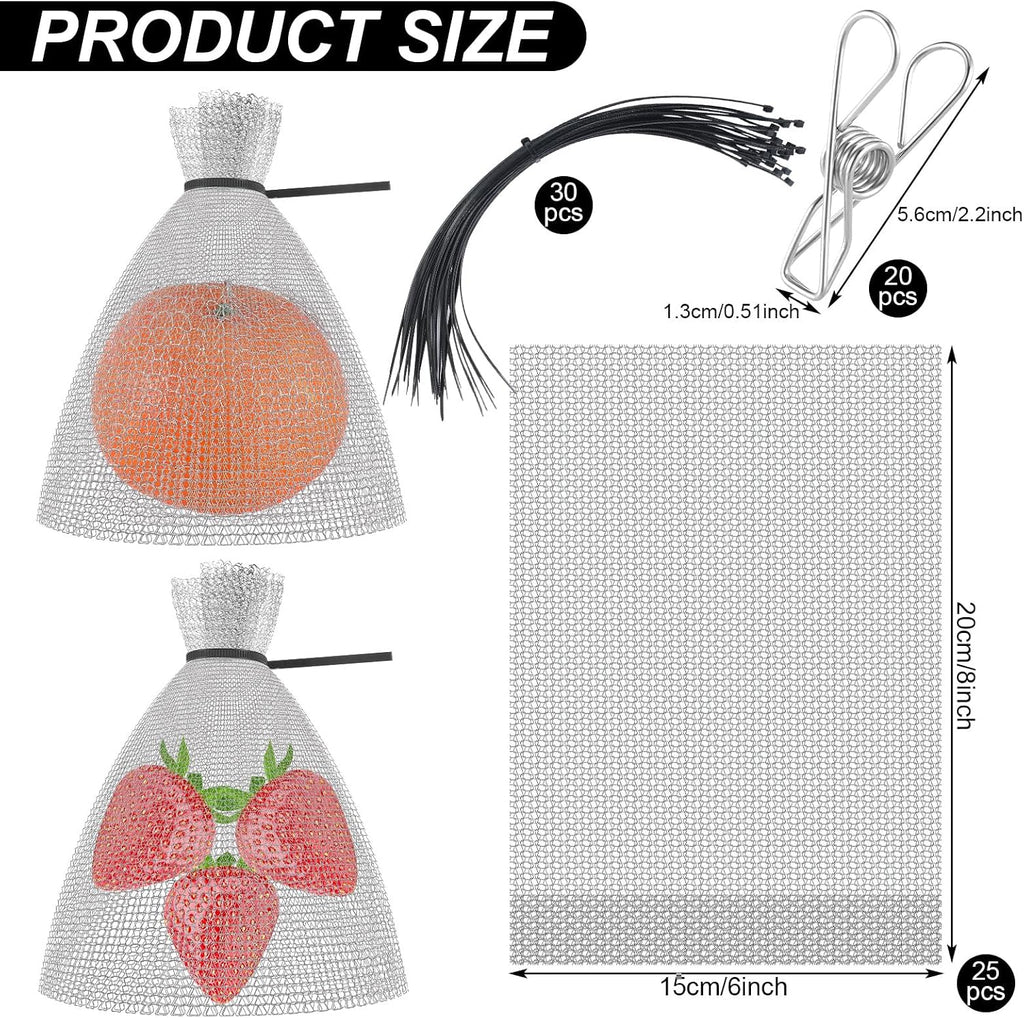 25 Pcs Fruit Protection Wire Mesh Bags 6 x 8 Inch Fruit Bags with Clips and Ties for Fruit Trees Netting Cover Bags