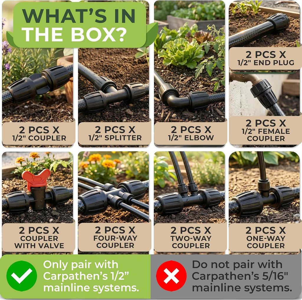 Drip Irrigation Parts - Set 18PCS 1/2 and 1/4 inch Fittings Kit for Quick Connect System - Leak Free Accessories