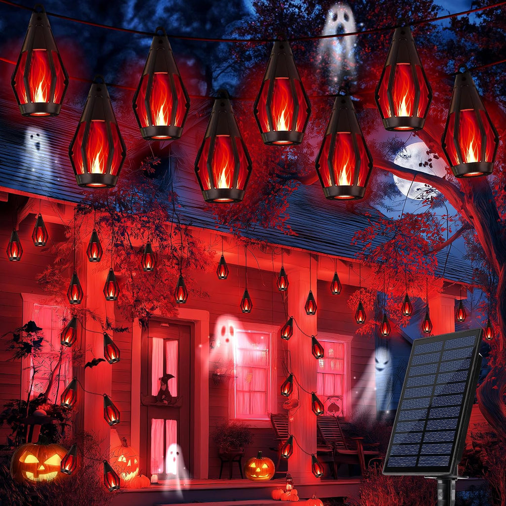iBaycon 27FT 10 LED Solar Flame Halloween String Lights Outdoor, Red