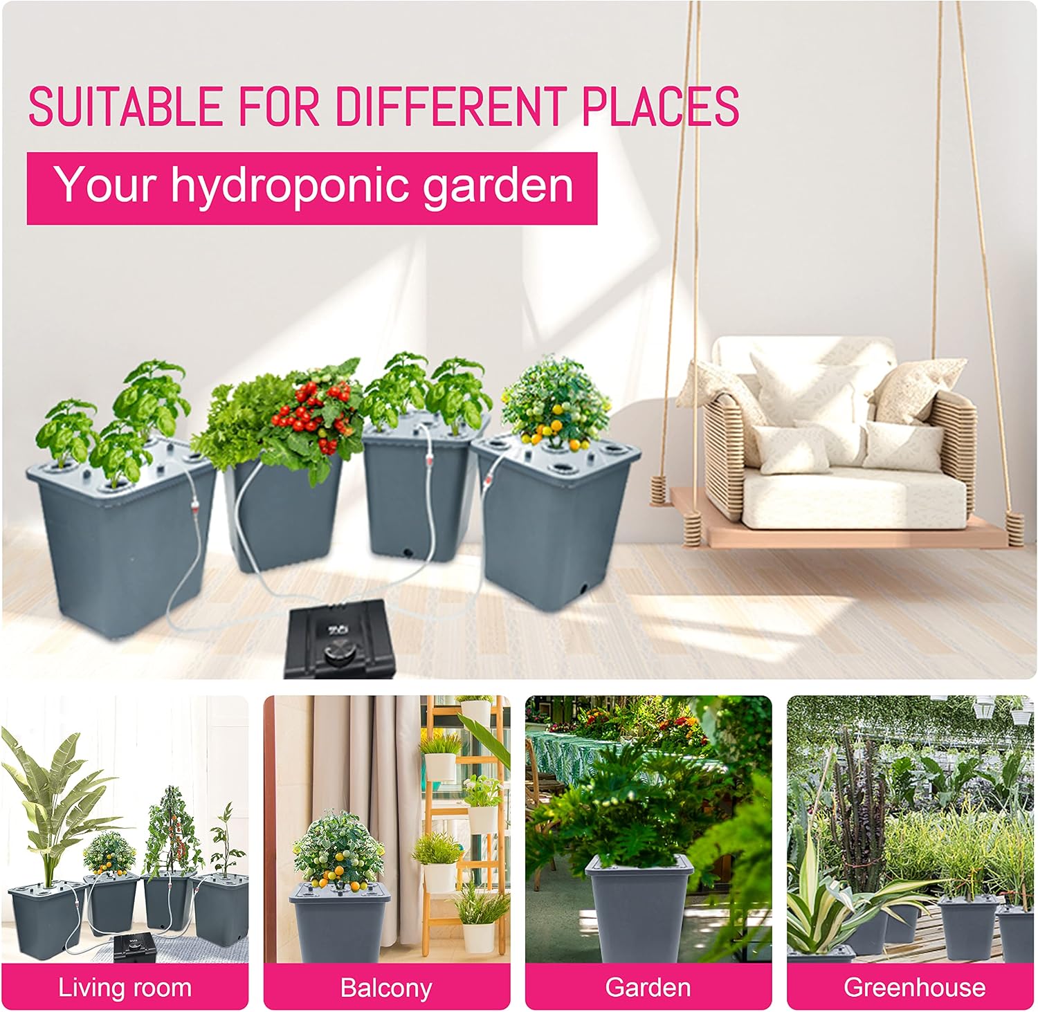 4 Hydroponic Buckets Kit for Plants, Hydroponics Growing System for Herbs/Tomato/Vegetables, DWC System with Air Pump &