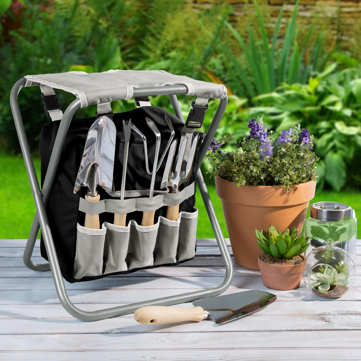 Pure Garden Folding Stool with 250lb Capacity and Garden Tools Set, Gray | Includes Detachable 7 Pocket Bag and 5