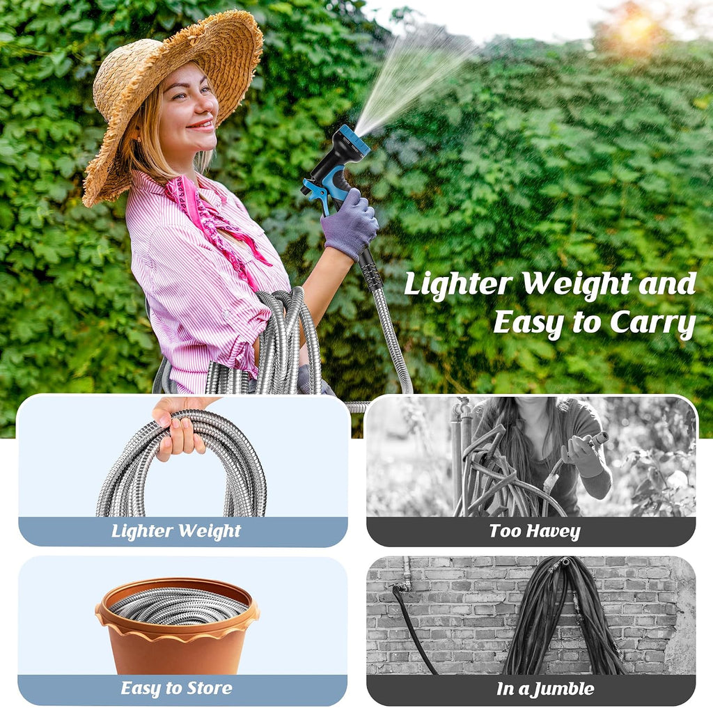Metal Garden Hose 50FT with 10-Function Nozzle, No-Kink Water Hose | Metal Hoses with Leak-proof Connectors
