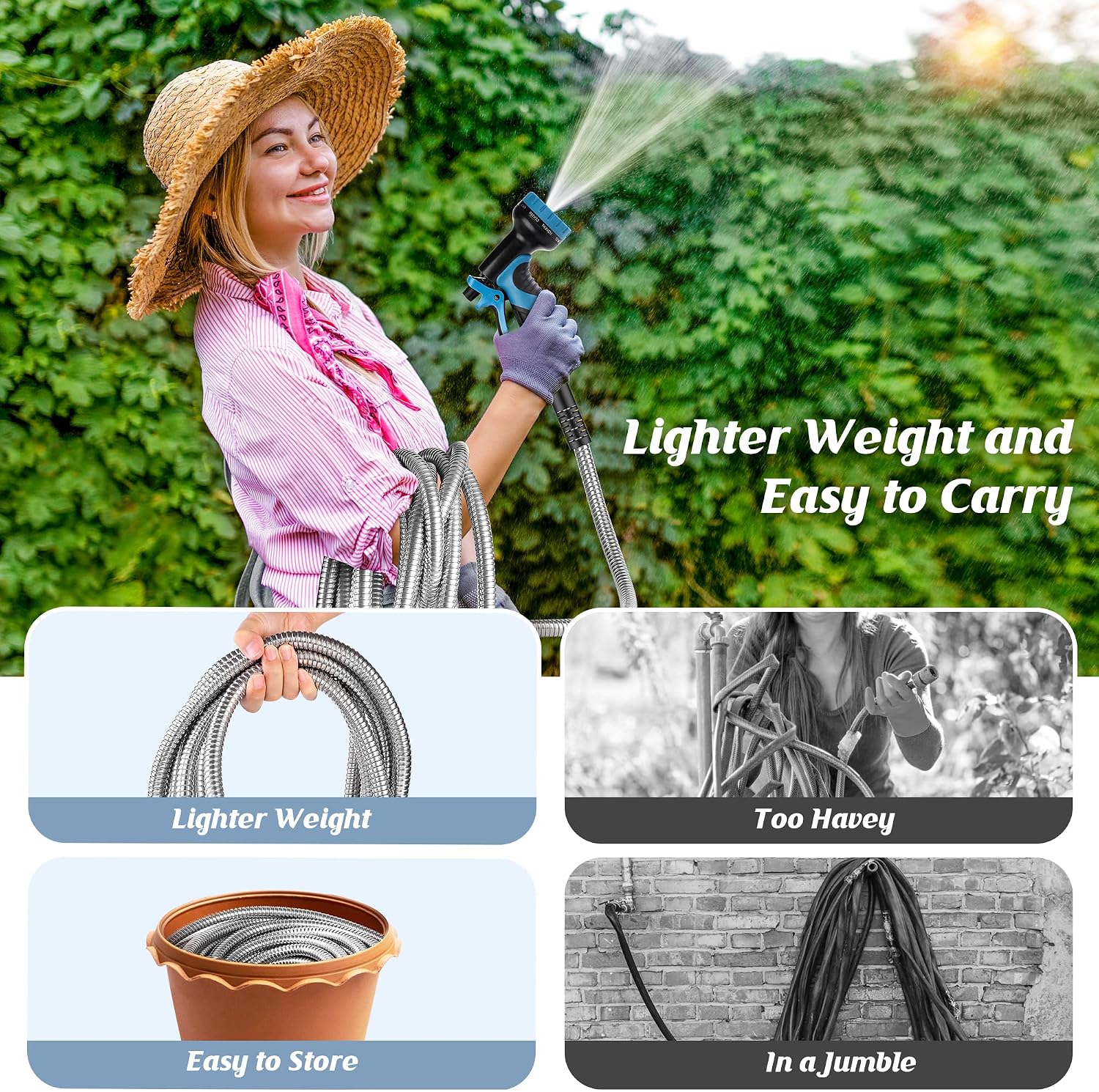 Metal Garden Hose 50FT with 10-Function Nozzle, No-Kink Water Hose | Metal Hoses with Leak-proof Connectors
