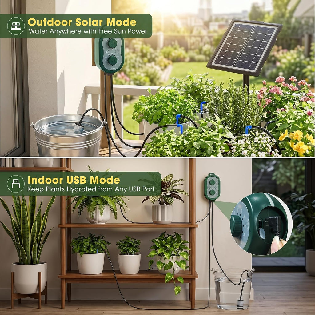 50FT Solar Automatic Drip Irrigation Kit System, Smart Self-Watering System with USB Charging for Outdoor Indoor Use