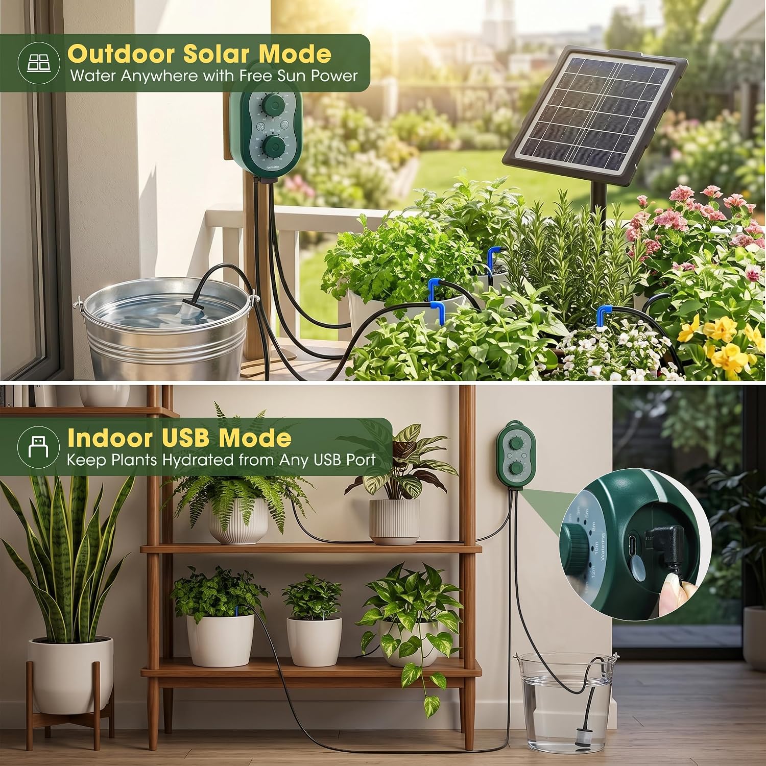 50FT Solar Automatic Drip Irrigation Kit System, Smart Self-Watering System with USB Charging for Outdoor Indoor Use
