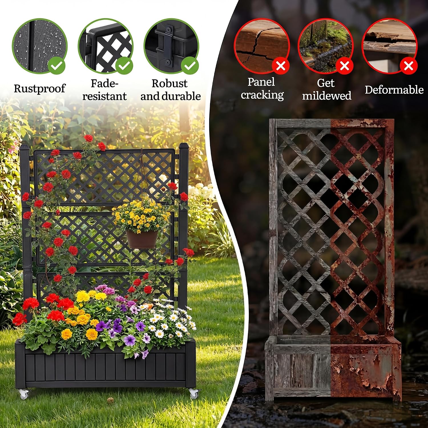 YITAHOME 43.3x17.7x61 in Planter Trellis Box with Wheels & Drain Plug, Outdoor Resin Raised Garden Bed for Climbing