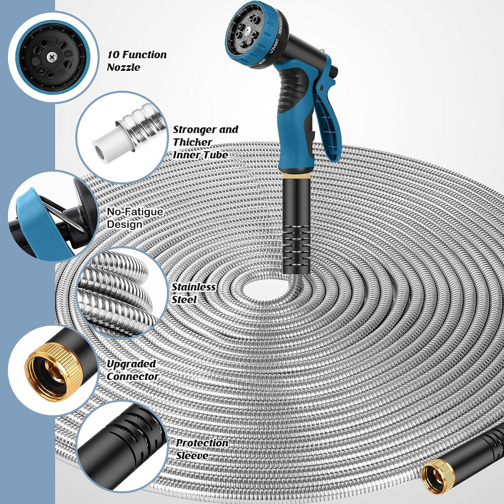 Metal Garden Hose 50FT with 10-Function Nozzle, No-Kink Water Hose | Metal Hoses with Leak-proof Connectors