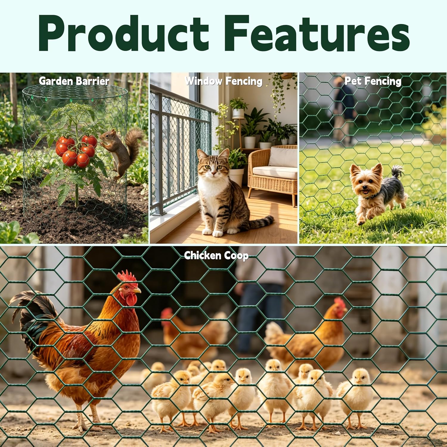 16in x 33ft PVC Coated Chicken Wire Mesh Fence | Garden Fencing Netting & Plant Protectors from Animals Kit with 100