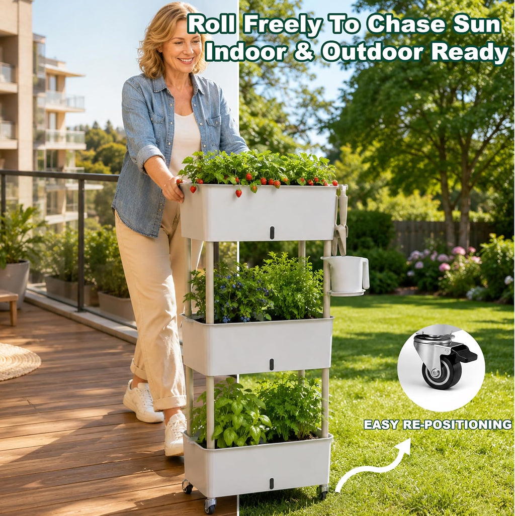 3-Tier 46.7"H Rolling Raised Garden Bed with Wheels, Self Watering Planter Box with Visible Water Level, Gray Rustproof