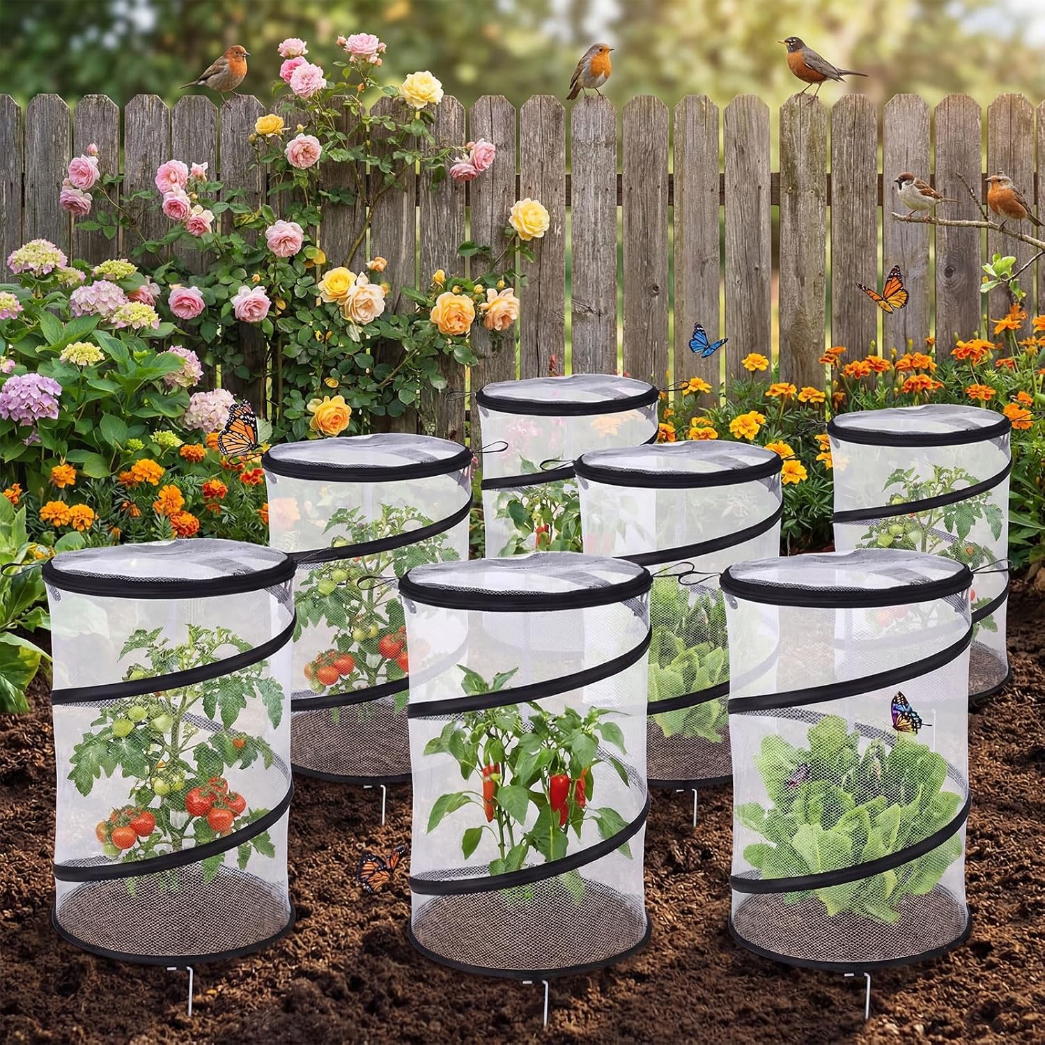 8 Pop up Mesh Plant Protectors from Animals Round Plant Netting Pest Cover Each Set with Stakes and Storage Bag for