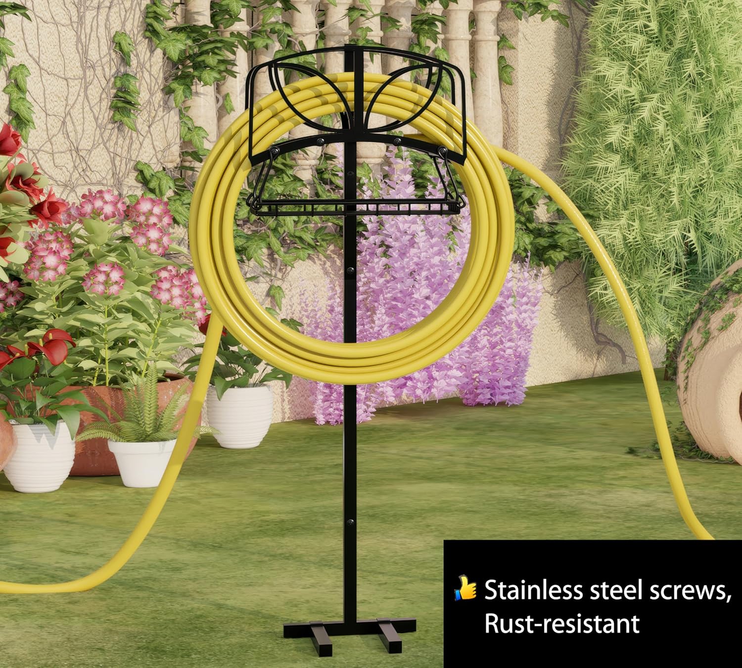 Fire Beauty Garden Hose Holder with Storage Basket,Heavy-Duty,80+ lb Capacity,Rust-Proof Stainless Steel,Organizes