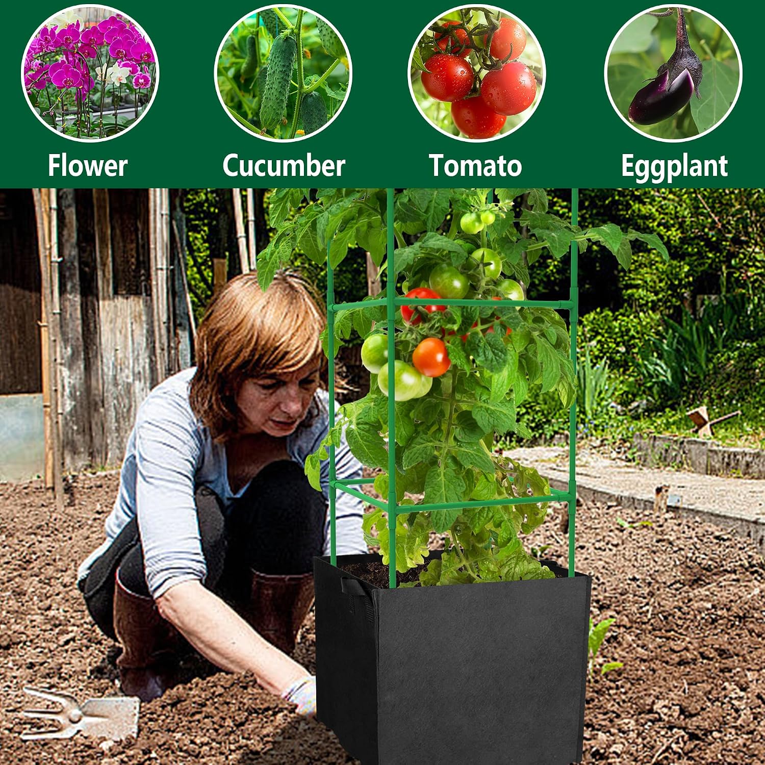 3 Packs 47 x 16 x 16 Inch Garden Tomato Cages with 17 Gallon Grow Bags- Square Plant Support Trellis Assembled with