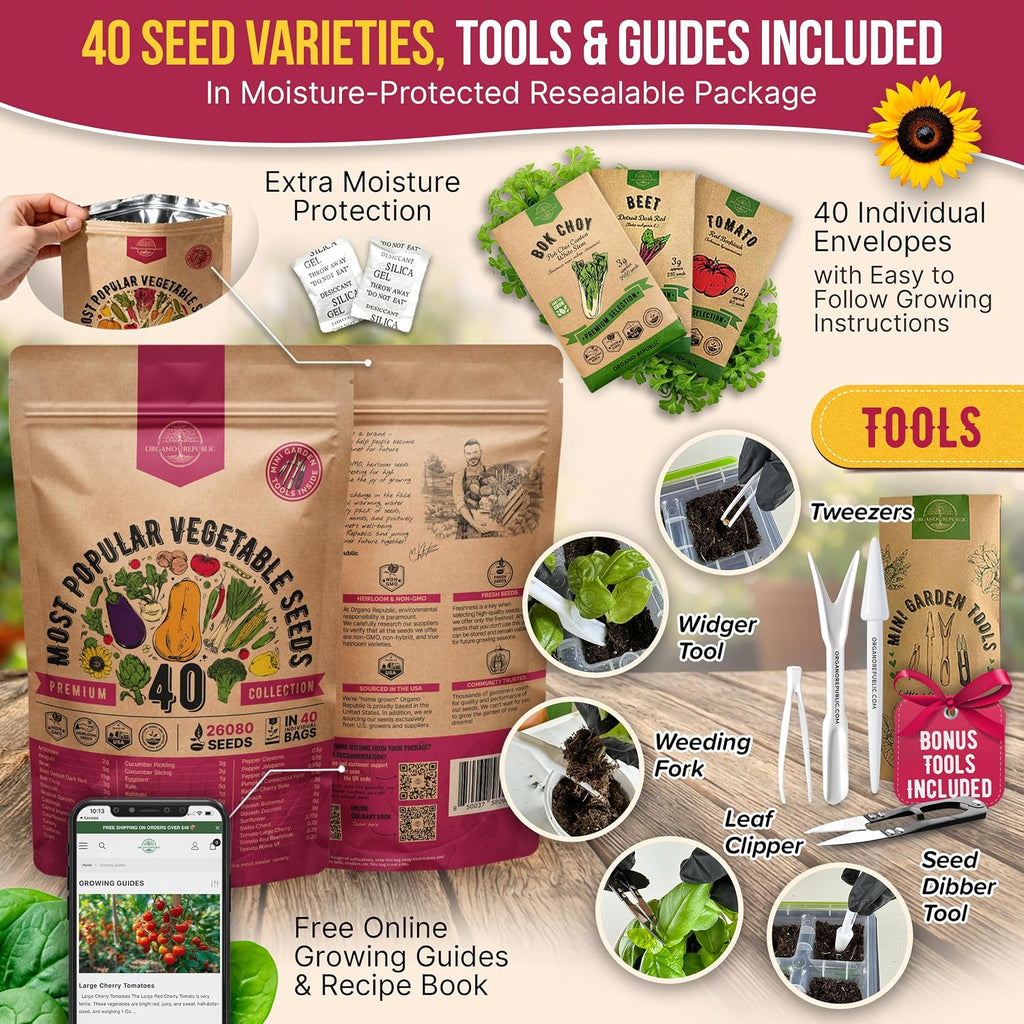 40 Vegetable Seeds Variety Pack - 26000 Non GMO Heirloom Seeds for Planting Vegetables & Fruits in Bulk Individual Seed