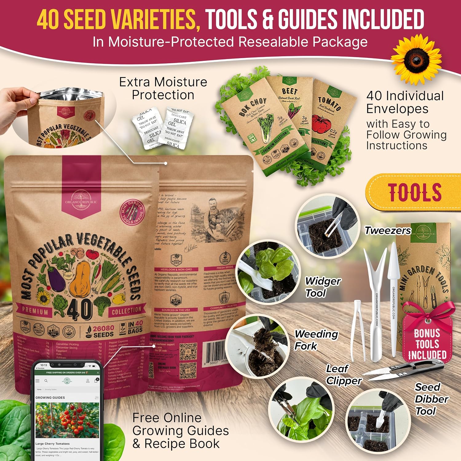40 Vegetable Seeds Variety Pack - 26000 Non GMO Heirloom Seeds for Planting Vegetables & Fruits in Bulk Individual Seed