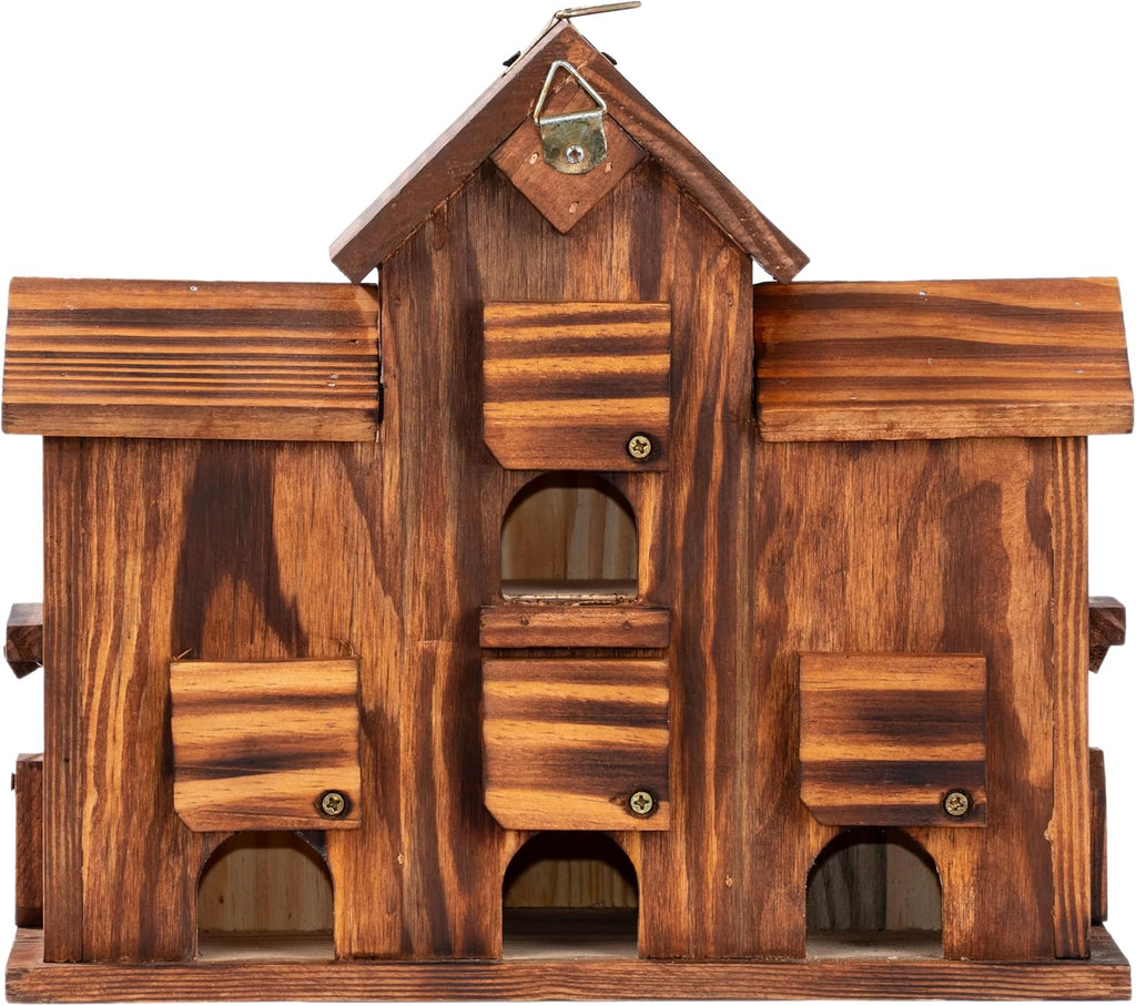 MIXUMON Bird House Outdoor, 6-Room Wooden Birdhouse for Outdoors & Outside, Carbonized Pine Wood Bird Houses with 1.57”