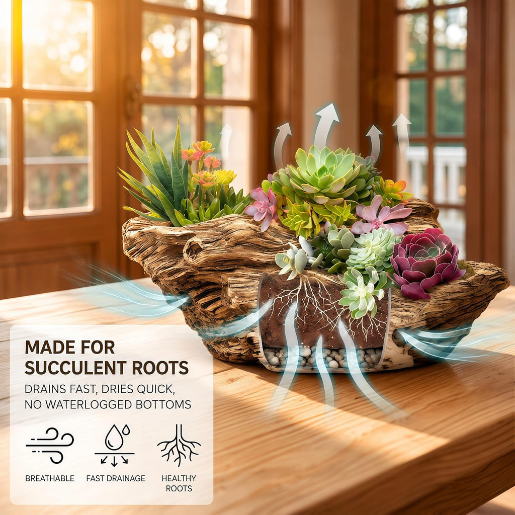 Noamus Artificial Driftwood Planter, Sculpture Resin Succulent Flower Pot, Imitation Wood Pile Porous Bonsai Tree Plant