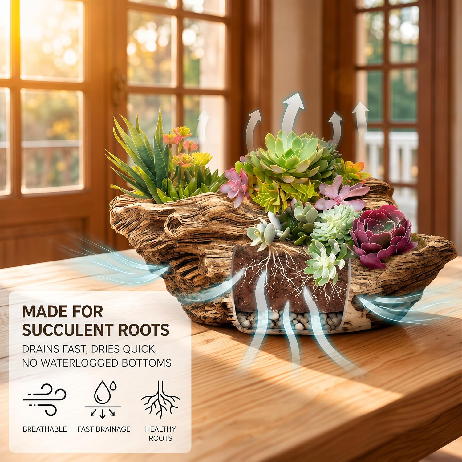 Noamus Artificial Driftwood Planter, Sculpture Resin Succulent Flower Pot, Imitation Wood Pile Porous Bonsai Tree Plant