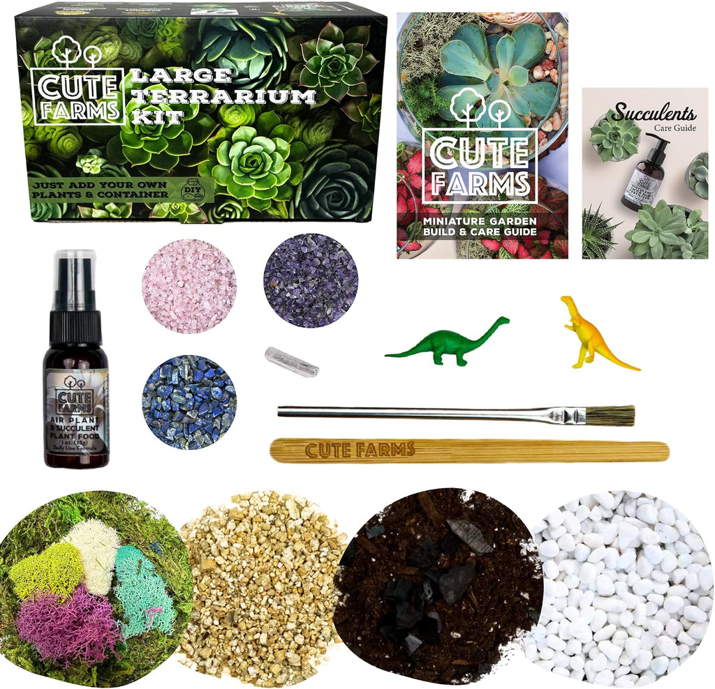 Cute Farms Terrarium Starter Kit | Moss, Vermiculite, Soil, Pebbles, Plant Food, & Finishing Tools (Large Kit +